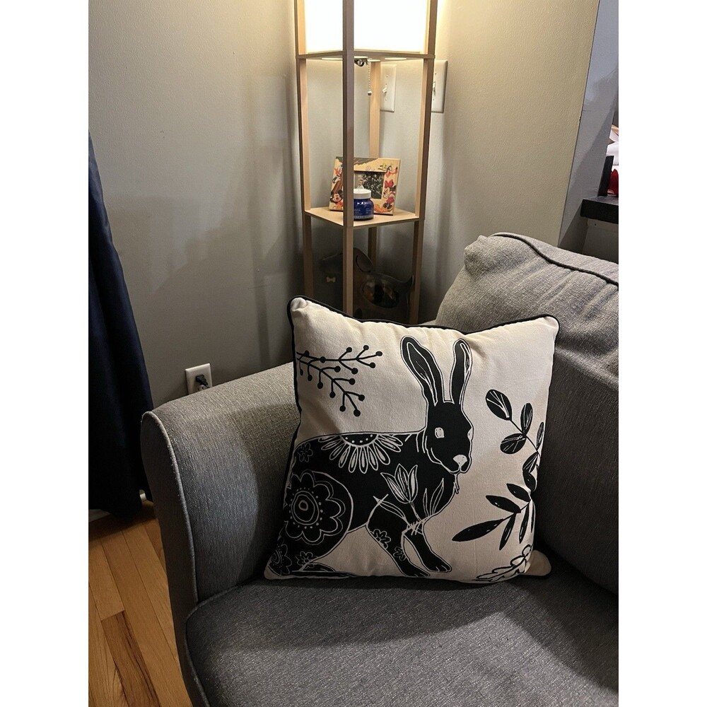 Creative Co-Op 18” Rabbit Bunny Floral Pillow Black Cream Cotton Reversible